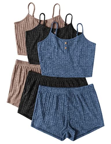 Ekouaer 3 Sets for Women Ribbed Pajamas Crop Cami Top and Shorts Pjs Casual Sleeveless Button Lounge Set Sleepwear Khaki/Black/Plain Blue,Large - Image 1