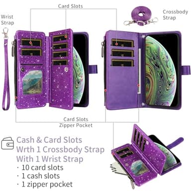 Asuwish Phone Case for iPhone Xs Max Wallet Cell Cover with Tempered Glass Screen Protector Strap Glitter Zipper Flip Credit Card Holder i X XR Xsmax 10x SX Xmax 10xs 10s 10 Plus Xmaxs Women Purple - Image 3