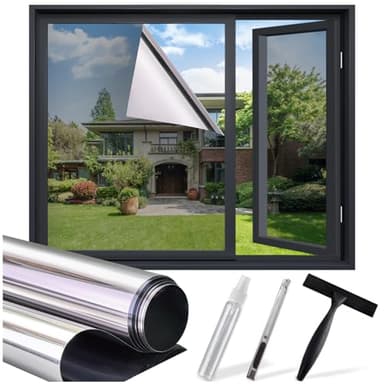 One Way Privacy Window Film - Reflective Sun Blocking Window Tint Clings for Daytime Privacy & UV Protection, Includes 3 Tools, Silver(35.4"x78.7") - Image 1