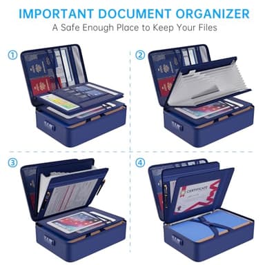 ENGPOW 5200℉ Fireproof File Organizer Bag with 13 Pocket Accordion File Folder,Document Organizer Box with Lock&Labels,Multi-Layer Portable Home Travel Safe Storage Box for Important Documents,Blue - Image 4