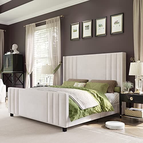 AMERLIFE Queen Size Bed Frame, Velvet Upholstered Platform Bed with Vertical Channel Tufted Headboard & Footboard/Wingback, Mattress Foundation with Wood Slats, No Box Spring Needed, Cream - Image 1