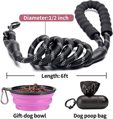 COOYOO 2 Pack Dog Leash 6 FT Heavy Duty - Comfortable Padded Handle - Reflective Dog Leash for Medium Large Dogs with Collapsible Pet Bowl Set 1-Black+Pink - Image 4