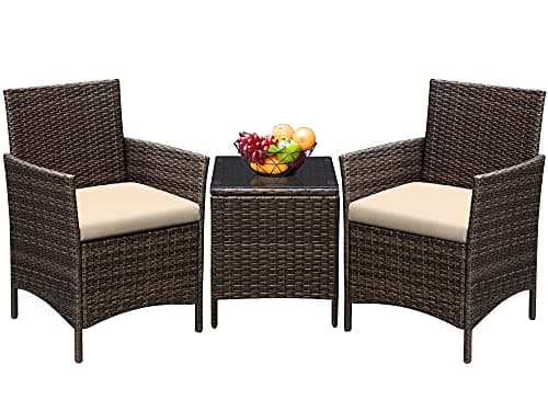 Greesum 3 Pieces Patio Furniture Sets Outdoor PE Rattan Wicker Chairs with Soft Cushion and Glass Coffee Table for Garden Backyard Porch Poolside, Brown and Beige - Image 1