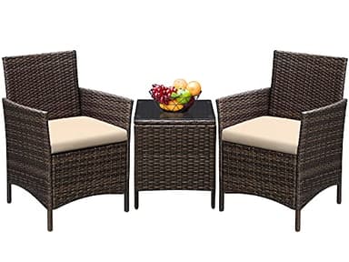 Greesum 3 Pieces Patio Furniture Sets Outdoor PE Rattan Wicker Chairs with Soft Cushion and Glass Coffee Table for Garden Backyard Porch Poolside, Brown and Beige - Image 1
