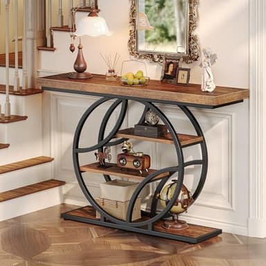 Huuger 47.2 Inch Entryway Table, Industrial Console Sofa Table with Storage, Accent Table with Shelves, for Entry, Hallway, Entrance, Foyer, O-Shaped Metal Frame, Rusitc Brown - Image 4