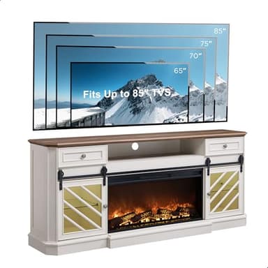OKD 75” Fireplace TV Stand for 85 Inch TV, Farmhouse Highboy Entertainment Center with 36” Electric Fireplace, Modern Media Console Table with Drawers Storage&Cabinets for Living Room, Antique White - Image 4