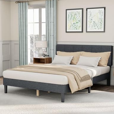 DUMOS Queen Bed Frame with Headboard, Wood Queen Platform Bed No Box Spring Needed, Fabric Upholstered Bed Frame with Adjustable Headboard, 800LBS Support,Noise Free, Dark Grey - Image 1
