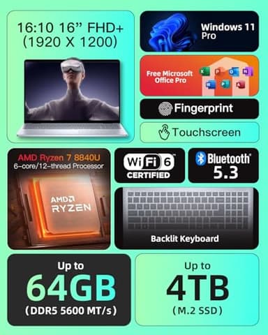 Dell Inspiron 16 Touchscreen Laptop - 16" FHD Display, AMD Ryzen 7-8840U, 64GB DDR5, 2TB SSD, Ms Office, CD/DVD Drive, Backlit KB, Fingerprint Reader, Windows 11 Pro, AI-Copilot - Image 3