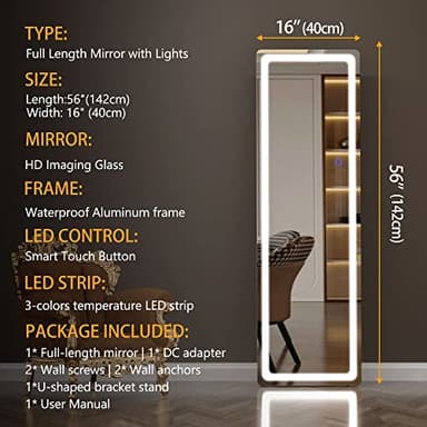 Hasipu Full Length Mirror with Lights, 56" x 16" LED Floor Mirror, Full Body Dressing Standing, Hanging Mounted Mirror for Living Room Bedroom Cloakroom, Round White - Image 7