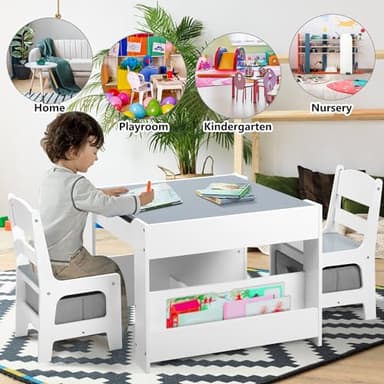 Kinder King Kids Wood Table & 2 Chairs Set, 4 in 1 Children Activity Table w/Double Bookcase, Blackboard, Toddler Furniture Set for Art, Crafts, Drawing, Reading, Playroom, Grey - Image 7
