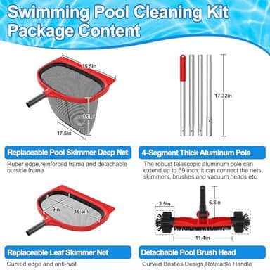Swimming Pool Cleaning Kit Including 5.7 Feet Aluminum Pool Pole 4-Segment & Rotatable Pool Brush with Round End & Pool Leaf Rake Fine Mesh Net,Replaceable Pool Cleaning Leaf Skim Net-Fast Cleaning - Image 2
