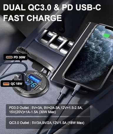 78W Quad-Port 12V USB Outlet - Dual QC3.0 & PD3.0 Quick Charge Car Charger Socket with Voltmeter, Aluminum Alloy Waterproof USB C Port for Car Boat Marine Motorcycle RV Truck ATV Golf Cart - Image 2