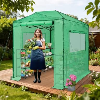 EAGLE PEAK Instant Pop-up Greenhouse, Indoor Outdoor Plant Gardening Green House, Roll-Up Zipper Doors and Side Windows, Walk in 8x6 ft, PE Cover, Green/Clear - Image 2