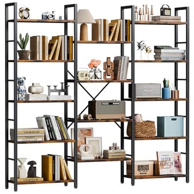 Shintenchi Triple 5 Tier Bookshelf, Industrial Large Bookcase with 14 Open Display Shelves, Large Etagere Bookshelf,Wide Book Shelf Book Case for Home & Office, Rustic Brown - Image 1