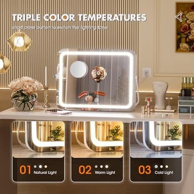 Hasipu Vanity Mirror with Lights, 18" x 14" LED Makeup Mirror, 3 Modes Light, Smart Touch Control Dimmable, 360°Rotation, Rectangle White Frame, with 5X Magnifying Glass - Image 3