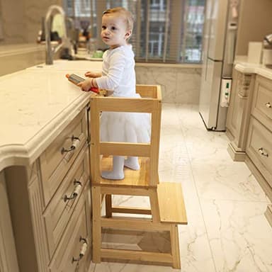 Kitchen Step Stool for Toddlers with Non-Slip Mat, Wood City Wooden Kids Montessori Learning Stool Tower, Toddler Standing Tower Helper for Kitchen Counter and Bathroom Sink. - Image 3