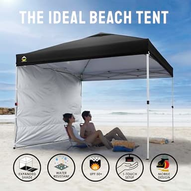CROWN SHADES 10x10 Pop Up Canopy with 1 Side Wall - Beach Tent with One Push Setup - Outdoor Sun Shade for Events, Parties, Camping - Gazebo with STO-N-Go Cover Bag (Black) - Image 4