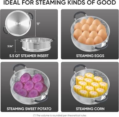 SUNHOUSE - 5.5 Quart Steamer Pots With Lid 2-Tier Multipurpose Stainless Steel Steaming Pot Cookware With Handle For Vegetable, Dumpling, Sauce, Food - Triple Bottom, Measurement Line - Image 3