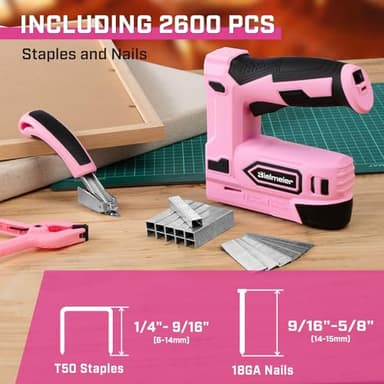Bielmeier Pink Cordless Staple Gun, 2-in-1 Nail Gun Battery Powered with 2600Pcs Staples and Nails, 4V Brad Nailer Tacker Electric Stapler for Upholstery, Material Repair, Carpentry, Wood, DIY - Image 2