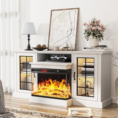 oneinmil 59'' Fireplace TV Stand, 3 Sided Glass Media Entertainment Center Console Table for TVs up to 65'' with Glass Door Adjustable Flame LED Color for Living Room, Set of TV Table, White - Image 2