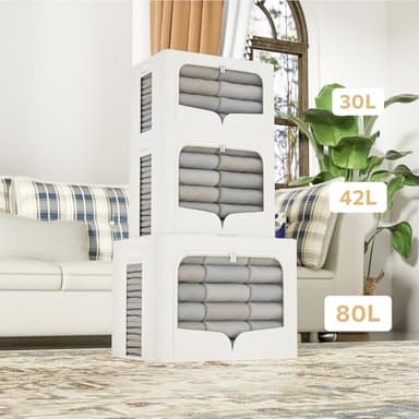 4 Pack Clothes Storage Bins with Metal Frame Clothing Storage Bins with Lid Linen Fabric Storage Box With Clear Window& Zippers& Durable Handles (Large- 42L, Count, 4) - Image 4