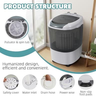 Aurorafy BC-SUS-MINIPWM-GY-1G Portable Mini Washing Machine, White/Gray - Image 4