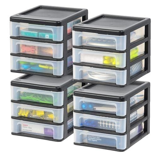 IRIS USA Plastic Stacking Desk Top 3-Drawer Storage Organizer, 4-Pack, for Makeup Vanity Nail Polish Bathroom Stationery Art Craft Supplies Kitchen Office Garage and Small Organization, Small, Black - Image 1