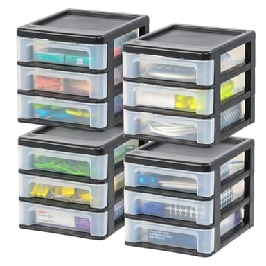 IRIS USA Plastic Stacking Desk Top 3-Drawer Storage Organizer, 4-Pack, for Makeup Vanity Nail Polish Bathroom Stationery Art Craft Supplies Kitchen Office Garage and Small Organization, Small, Black - Image 1