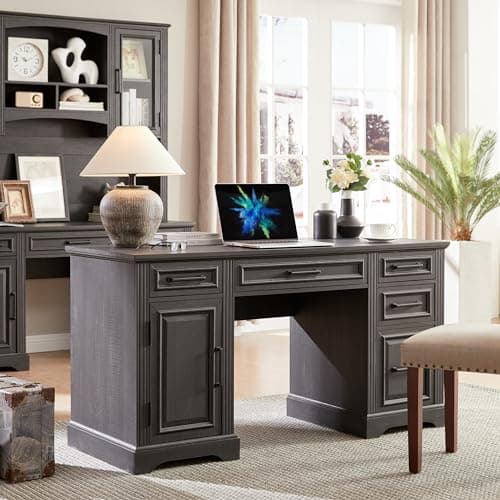 JXQTLINGMU 58 Inch Large Computer Desk with Drawers, Embossed Texture Home Office Desk, Workspace for Work Study Writing, Black - Image 1