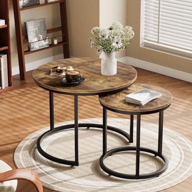 Smuxee Nesting Coffee Table Set of 2, 23.6" Round Coffee Table Rustic Wood Top with Adjustable Non-Slip Feet, Industrial End Table Side Tables for Living Room Bedroom Balcony Yard - Image 3