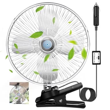 10-Inch Silver Cigarette Lighter Fan, Two-Speed Adjustment, 360-Degree Rotation Truck Fan, Clip-On Design 12 Volt, Perfect for Cars, Trucks, RVs and More(Cord Length 6.56FT) - Image 1