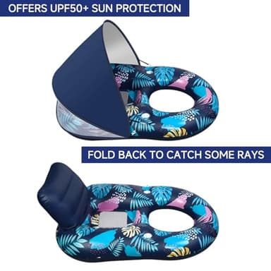 Inflatable Pool Floats with UPF50+ Canopy-Removable-120° Adjustable, Large Pool Beach Floating Raft Lounge with 2 Cup Holders, Swimming Inflatable Pool Floats for Beach, Lake, Party - Image 4