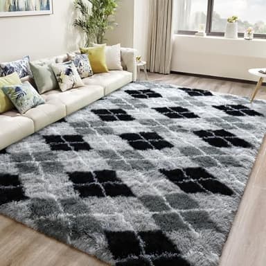DweIke 5x8 Rugs for Living Room Bedroom, Fluffy Geometric Area Rug, Soft Plush Shaggy Floor Carpet Mat for Nursery Kids Girls Boys Teen Dorm Home Decor Aesthetic, Grey and Black - Image 9