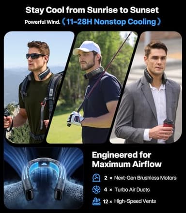 TORRAS 2025 COOLiFY 2S Neck Fan, 3 Model, 3-28H Extended Battery Life, Neck Fans that Blow Cold Air, Neck Air Conditioner, Cooling Neck Fan for Work,Hiking,Travel. Gifts for Dad Husband Father, Black - Image 4