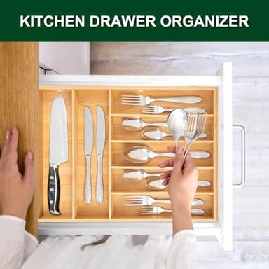 Bellsal Natural Utensil Organizer 12.5 Inch Silverware Organizer for Drawer Utensil Holder Cutlery Organizer Kitchen Drawer Organizer 7 Compartment Small Narrow Bamboo - Image 4