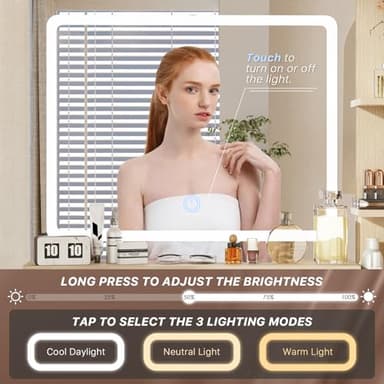 IKALIFE Fluted Makeup Vanity Desk with Mirror and Lights, 3 Color Modes & Adjustable Brightness Dressing Table, Small Vanity Table Set with 2 Drawers & Storage Shelves for Bedroom, Oak 31.5" - Image 4