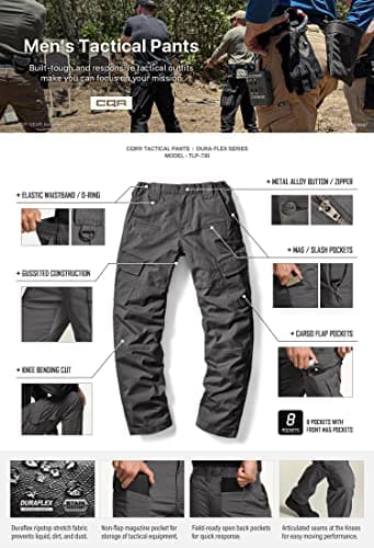 CQR Men's Flex Ripstop Tactical Pants, Water Resistant Stretch Cargo Pants, Lightweight EDC Hiking Work Pants, Dura Flex Charcoal, 34W x 32L - Image 4