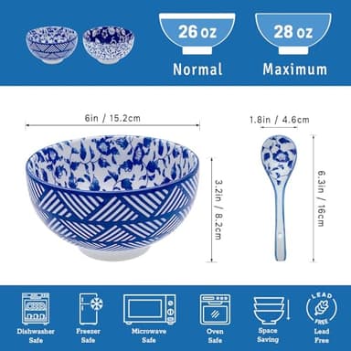 KeQiu Japanese Ceramic Bowls Set of 6, 28 Oz Large Asian Porcalain Ramen Soup Salad Cereal Noodle Bowls with 6 Spoons, Deep Bowls for Kitchen Decor and Housewarming Gift, Dishwasher & Microwave Safe - Image 2
