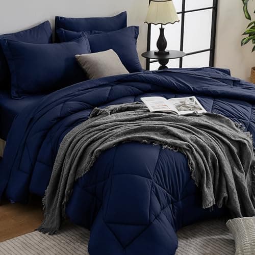 HEVUMYI Navy Blue Queen Comforter Set - 7-Piece All Season Bed in a Bag Queen, Ultra Soft Bedding Set with Comforter, Flat Sheet, Fitted Sheet, Pillowcases, Pillow Shams, Navy Blue - Image 1