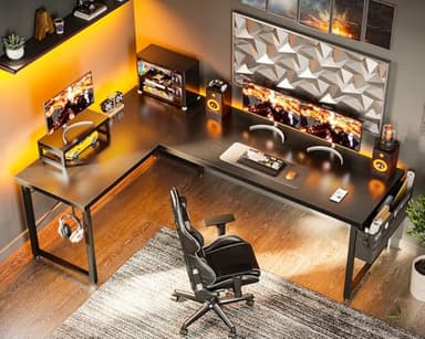 ODK L Shaped Desk, 66" Computer Corner Desk, Gaming Desk, Home Office Writing Desk with Monitor Shelf, Space-Saving Workstation Desk, Modern Simple Wooden Table, Easy to Assemble, Black - Image 2