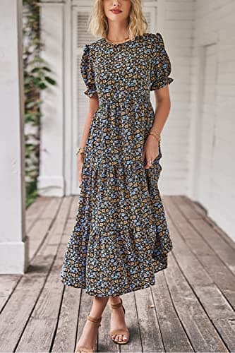 PRETTYGARDEN Summer Dresses for Women 2025 Casual Floral Boho Midi Sun Dress Puff Short Sleeve Flowy Beach Vacation Sundress (Navy Floral,X-Large) - Image 6