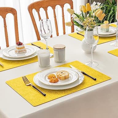 Romanstile Vinyl Placemats Set of 6-12 X 18 Inch - Heat Resistant Place Mats 100% Waterproof Oilproof Wipeable Reversible Faux Leather Table Mats for Kitchen/Dining/Party/Outdoor, Yellow - Image 2