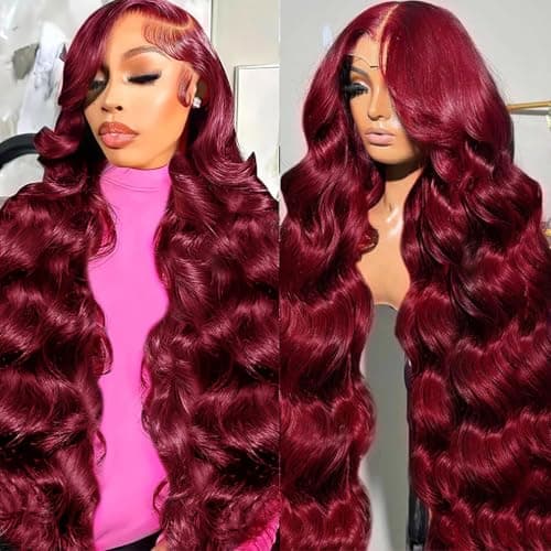 36 Inch 13x6 Lace Front Wigs Human Hair Pre Plucked 99j Burgundy Body Wave Lace Front Wigs with Baby Hair 180 Density,100% Real Human Hair No Synthetic Blend No Tangle No Shedding Triple Lifespan 3X