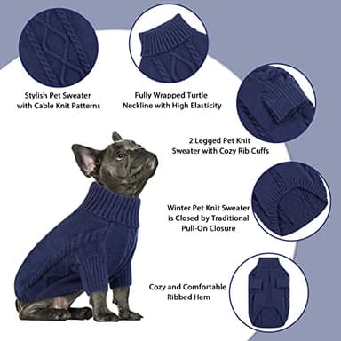 Queenmore Small Dog Pullover Sweater, Cold Weather Cable Knitwear, Classic Turtleneck Thick Warm Clothes for Chihuahua, Bulldog, Dachshund, Pug (Dark Navy, Medium) - Image 3