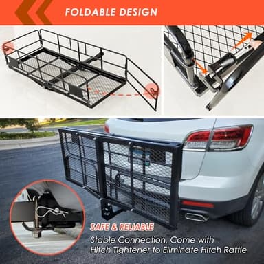 MeeFar High Rail Trailer Folding Hitch Mount Cargo Carrier Basket 60" X 24" X 14"+Waterproof Cargo Bag 20 cu ft(59" 24" 24"), Capacity of 500 Lbs with Hitch Stabilizer, Net, Lock and Straps - Image 4