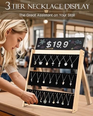 Bulado Necklace Display for Vendors, 3 Tier Foldable Jewelry Display Stand with 66 Slots, Wooden Chain Necklace Holder with Velvet for Selling, Jewelry Storage Organizer for Craft Show - Image 2