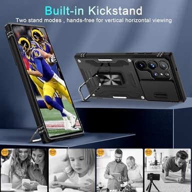 DEERLAMN Case for Samsung Galaxy S24 Ultra with Slide Camera Cover+Screen Protector (1 Pack), Rotated Ring Kickstand Military Grade Shockproof Protective Cover-Black - Image 5