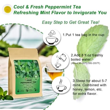 FullChea - Peppermint Tea Bags, 50 Teabags - Premium Peppermint Leaves - Refreshing & Minty - Non-GMO - Caffeine-free - Freshen Breath & Aid Digestion - Image 4