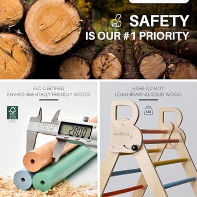 BlueWood Pikler Triangle Set, 7-in-1 Foldable Wooden Toddler Climbing Toys Indoor Playground Jungle Gym Montessori Philosophy Climber for 2-6 Years Old, Baby, Kids (Rainbow) - Image 5