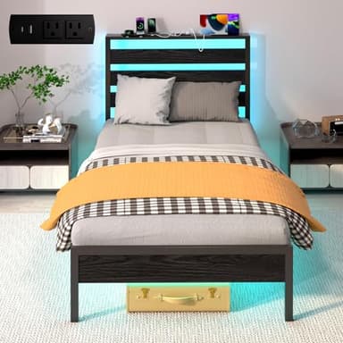 J.Fkne Twin Bed Frame with LED Lights & Charging Station, Storage Headboard, Heavy Duty Metal Slats, No Box Spring Needed, Noise-Free, Easy Assembly, Black - Image 1
